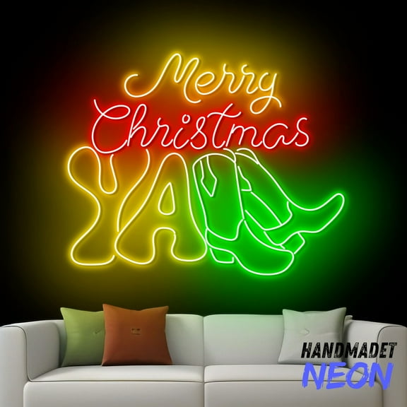 Handmadetneonsign Merry Christmas Y'all Boots Neon Sign, Cowboy Boots Led Sign, Christmas Gift, Holiday Wall Decor 82382