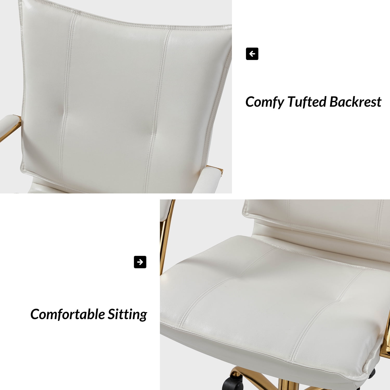 Tina's Home Luxury Faux Leather Office Chair with Golden Accents, Adjustable Swivel Ergonomic Desk Chair for Executive Comfort and Style White