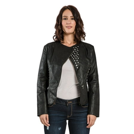 Miss Halladay Women's ROCK N POSH Black Vegan Leather Biker Jacket Metal Studs & Zipper (Best Vegan Leather Jacket)