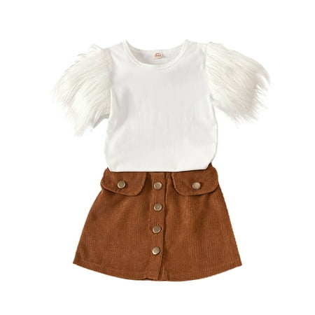 

Canis Kids Girls Outfits Short Sleeve T-Shirt Top Button Mini Skirt Sets 2Pcs