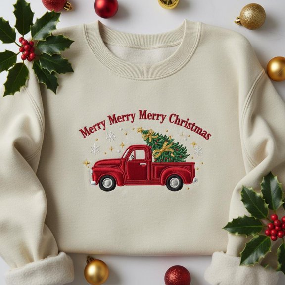 Embroidered Merry Merry Merry Christmas Sweatshirt, Red Vintage Truck Hoodie, Holiday Xmas Tree Crewneck, Festive Family Gift