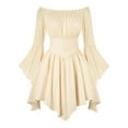 thumbnail image 5 of YMNXA Women's Casual Dress Off Shoulder Ruffled Hem Solid Color Flowy Boho Midi Dresses For Party Beige L, 5 of 5