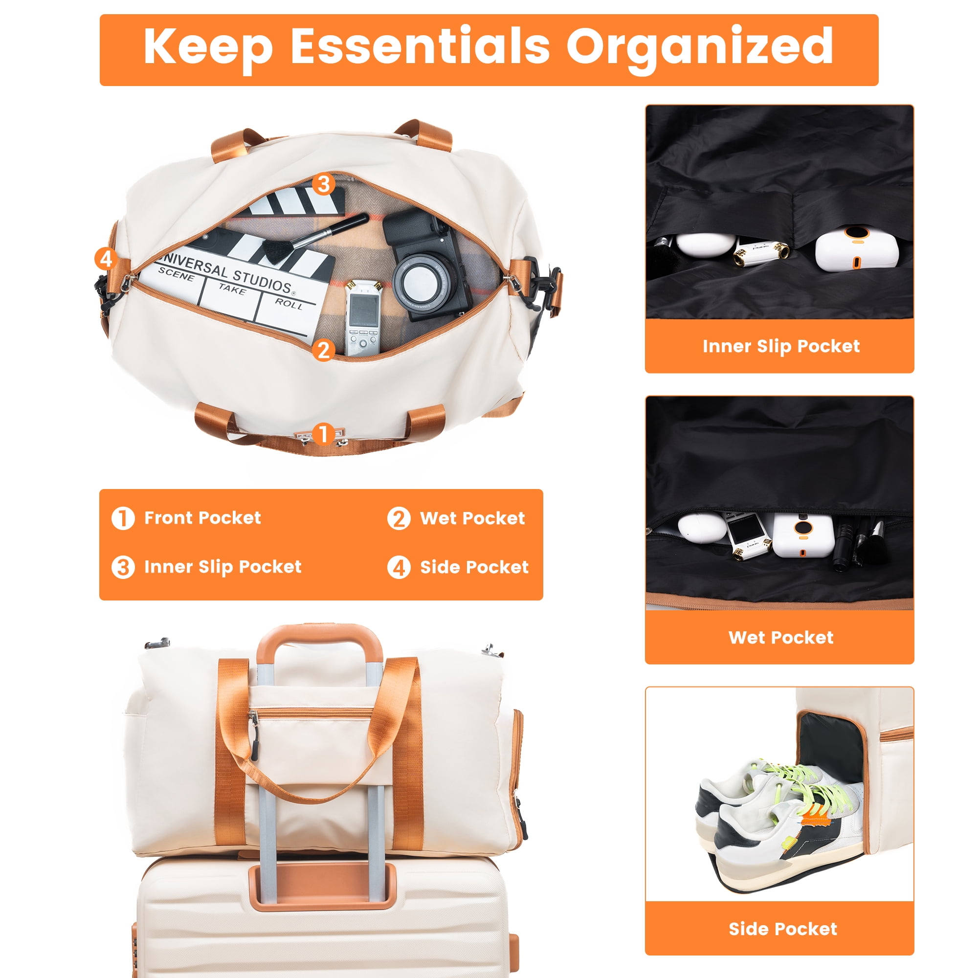 Hardside Luggage Sets 3 Piece, Hardshell Suitcase TSA Lock Spinner Wheel with Travel Duffle Bag and 4 Packing Cube.Beige