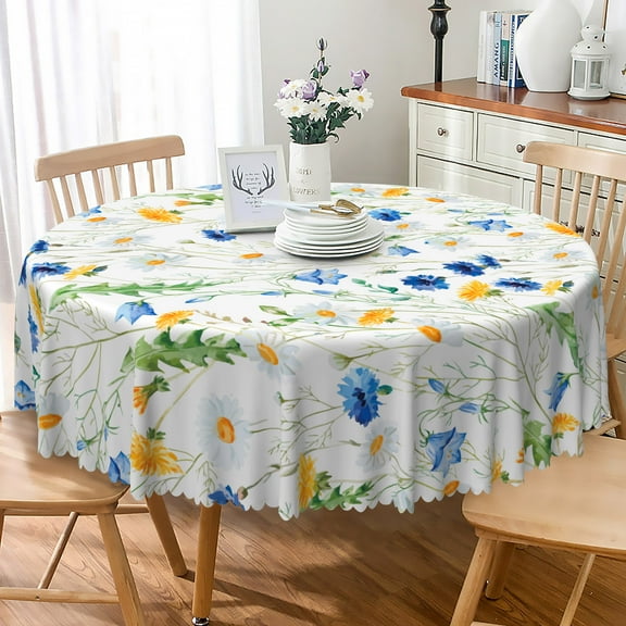 Nanqianyi Blue Wildflowers Daisy Round Tablecloth 70 inch Colorful Watercolor Perfect For Indoor Kitchen, Picnic Decor