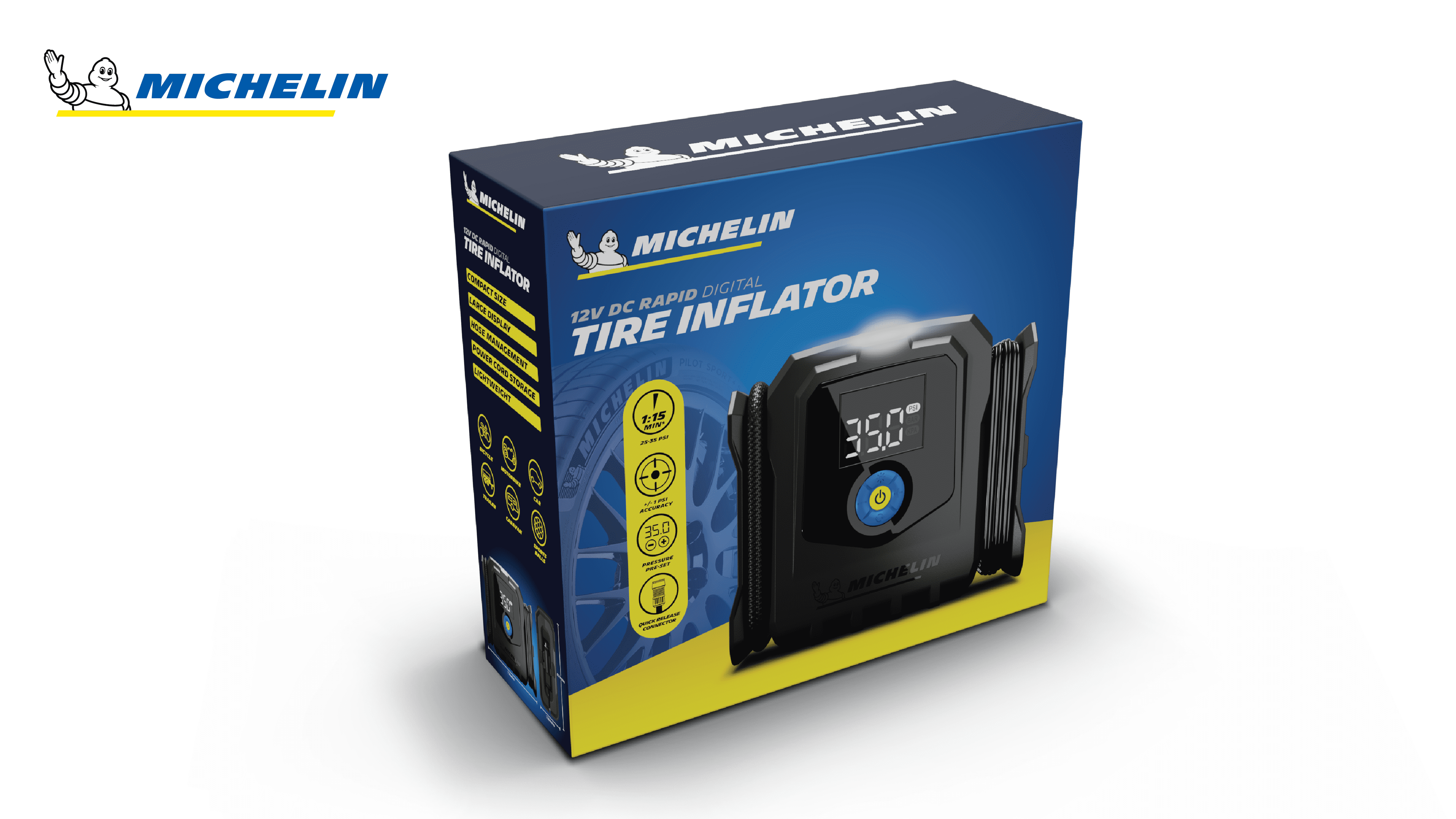 Michelin 12V Rapid Digital Tire Inflator with LCD Display and Integrated Air Hose Storage