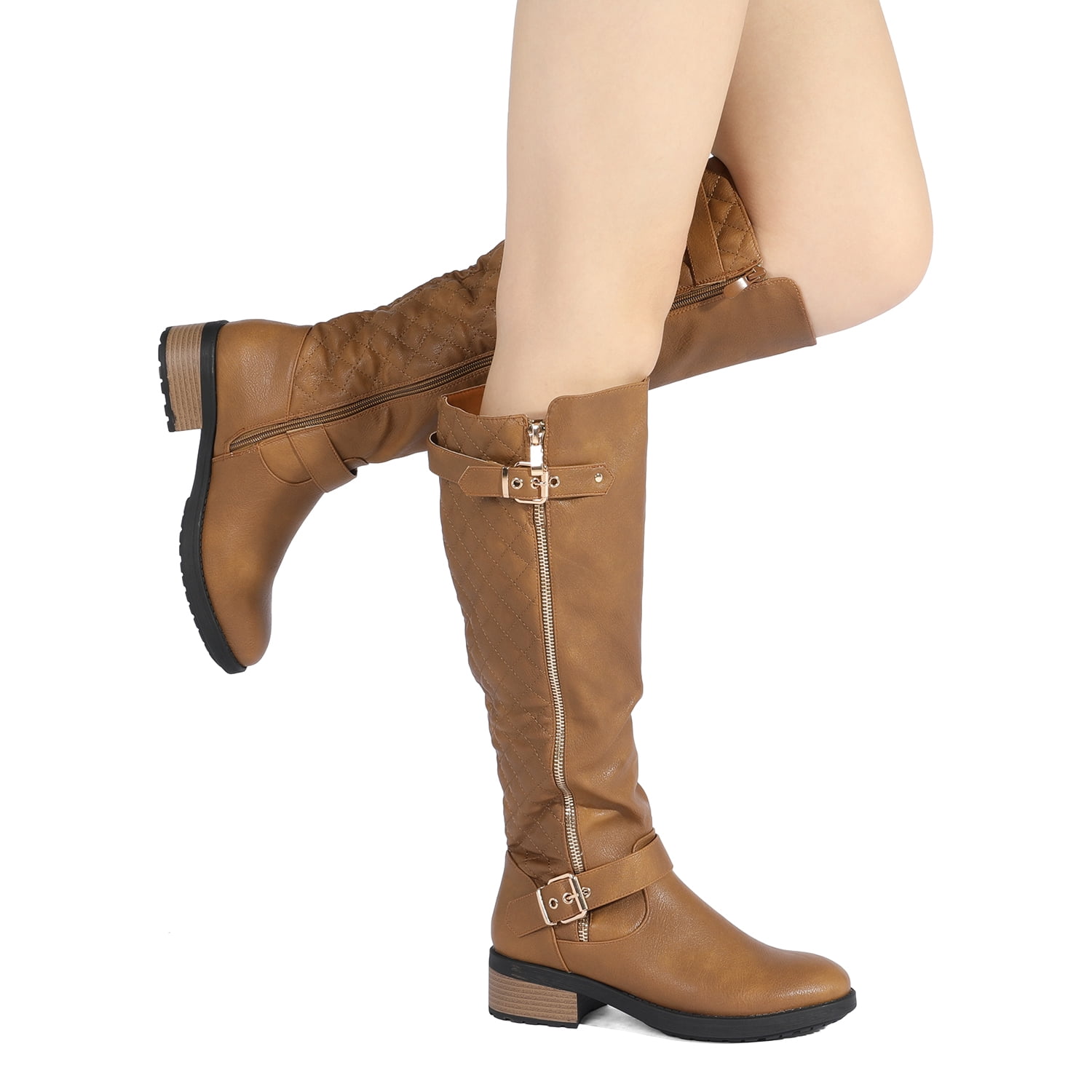 BURUDANI Women Wide Calf Low Heel Knee High Ladies Side Zip