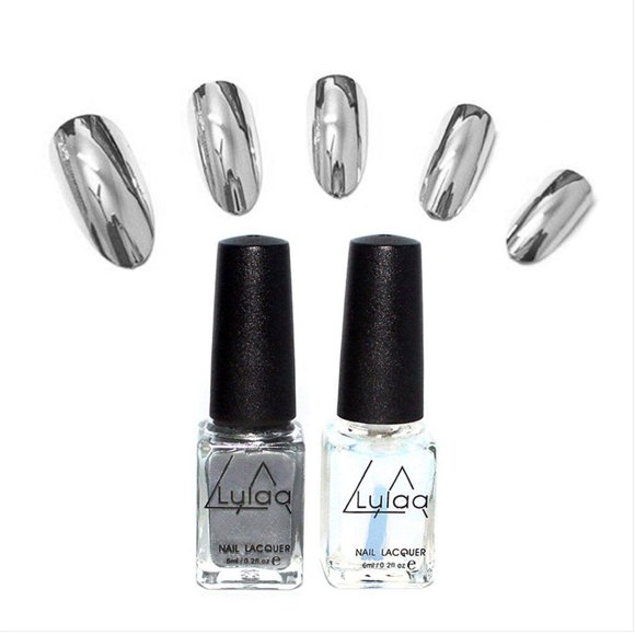 2pcs 6ml Silver Mirror Effect Nail Polish Top UV gel Coat Nails Art Tips Nail Polish Set