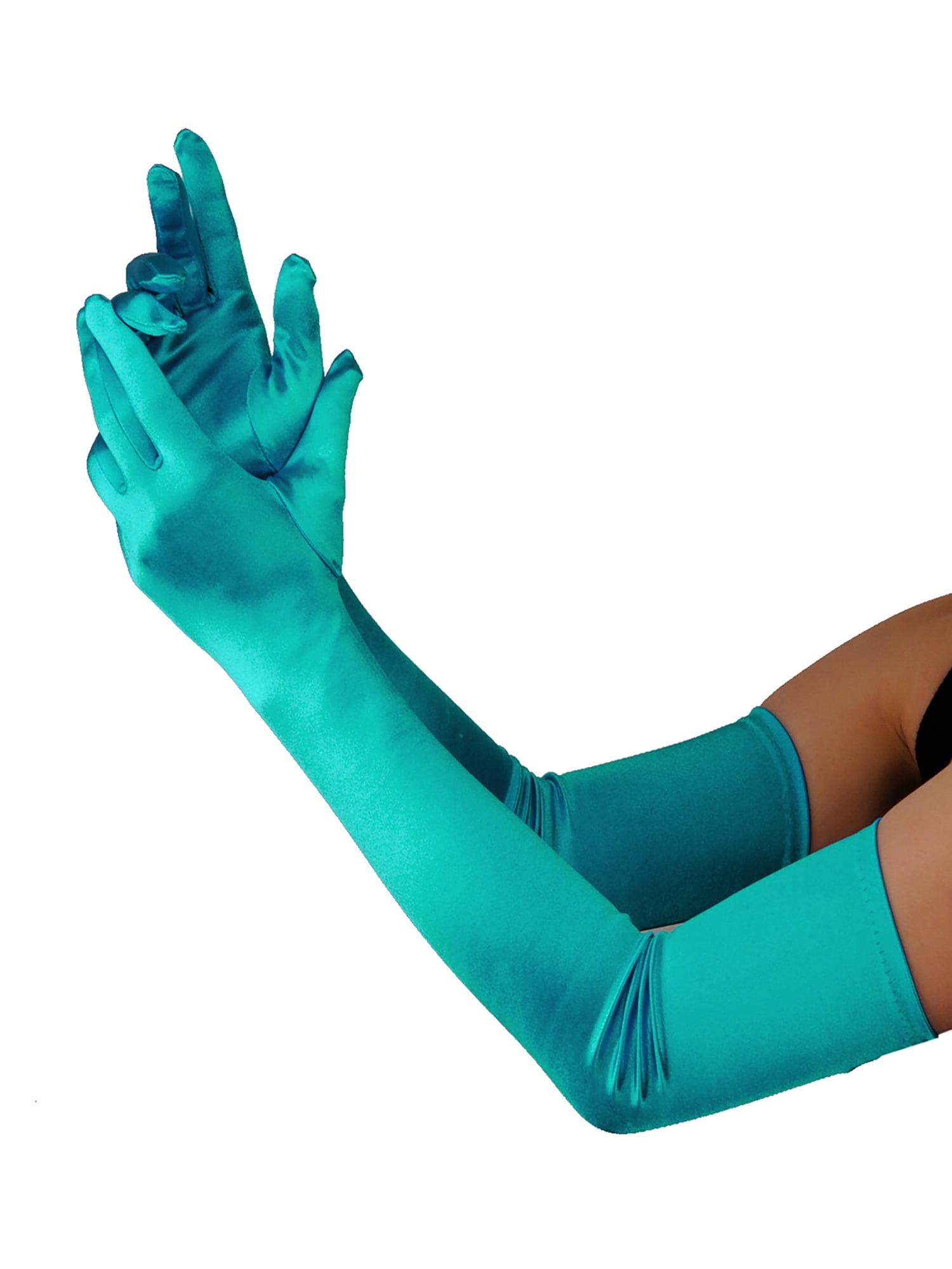 teal satin gloves