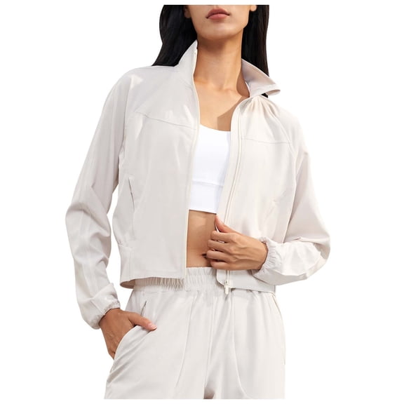 Women's Athletic Zip Up Cropped Jacket Long Sleeve Workout Shirt Running Yoga Track Sun Top