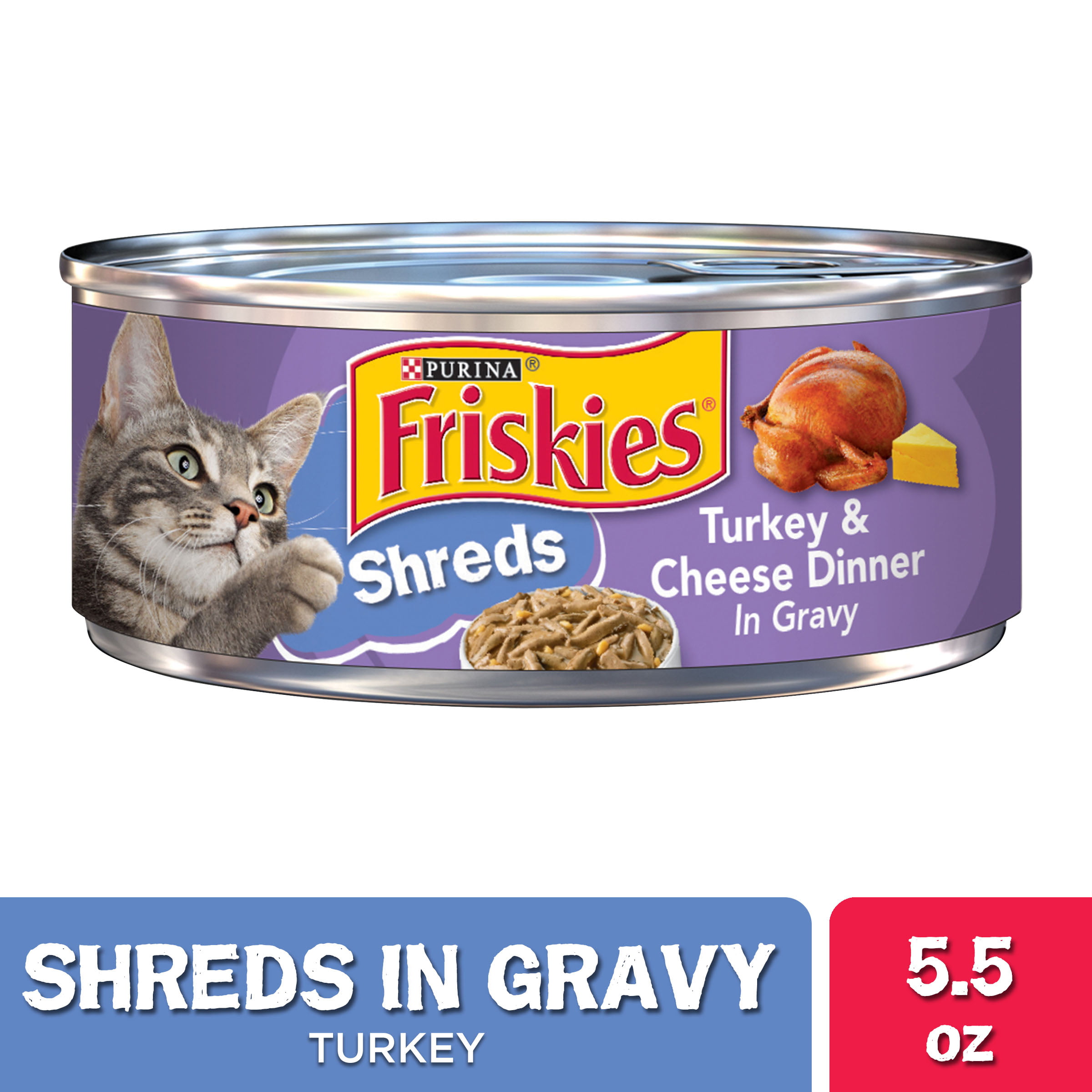 Friskies Gravy Wet Cat Food, Shreds Turkey & Cheese Dinner, 5.5 oz. Can