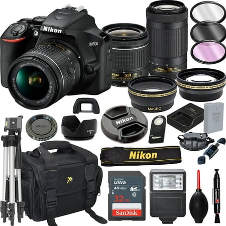 Nikon D3500 DSLR Camera with 18-55mm VR  and 70-300mm VR Lenses + 32GB Card, Tripod, Flash, and More (21pc
