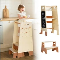 Robud Toddler Standing Tower with Step Stool Set, 2-in-1 Wooden Kitchen Stool for Kids, Adjustable Height Toddler Tower for Kitchen & Bathroom, Learning Tower with Blackboard for 2 Year 