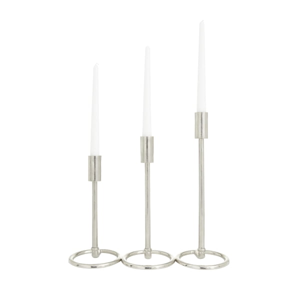 DecMode 3 Candle Silver Aluminum Metal Tapered Candle Holder with Ring Bases, Set of 3