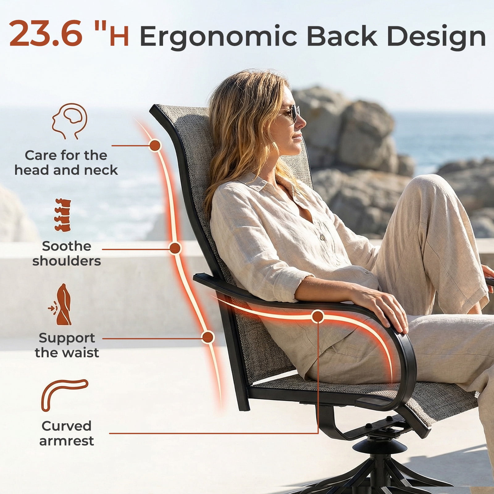 Arlopu 4pcs Patio Padded Swivel Chairs, Outdoor 360° Dining Chairs w/ High Back & Armrest for Garden Deck Backyard, All-Weather Textilene, Brown