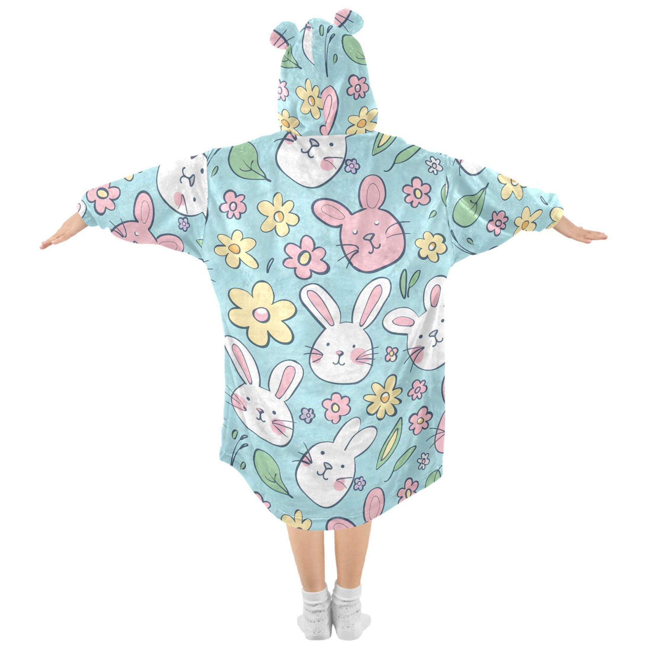 Dailycode Wearable Blanket Hoodie Oversized Sherpa Flannel Blankets with Pocket for 3-14 Year Old Bunny Rabbit and Daisy Flower