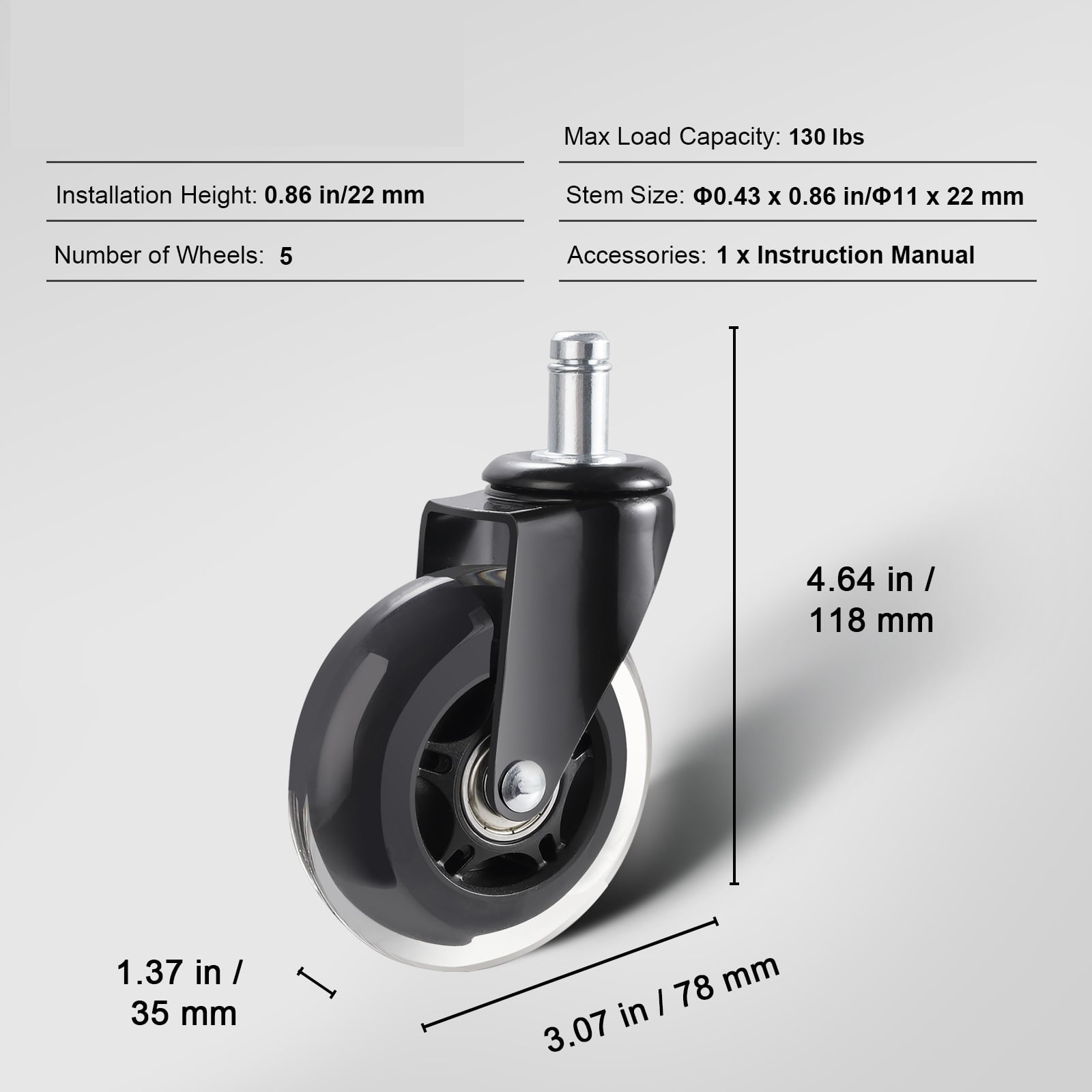 2/3 Inch Set Of 5 Office Chair Wheels Replacement Computer Gaming Desk Universal Caster For Hardwood Floors And Carpet ,Quiet and Smooth
