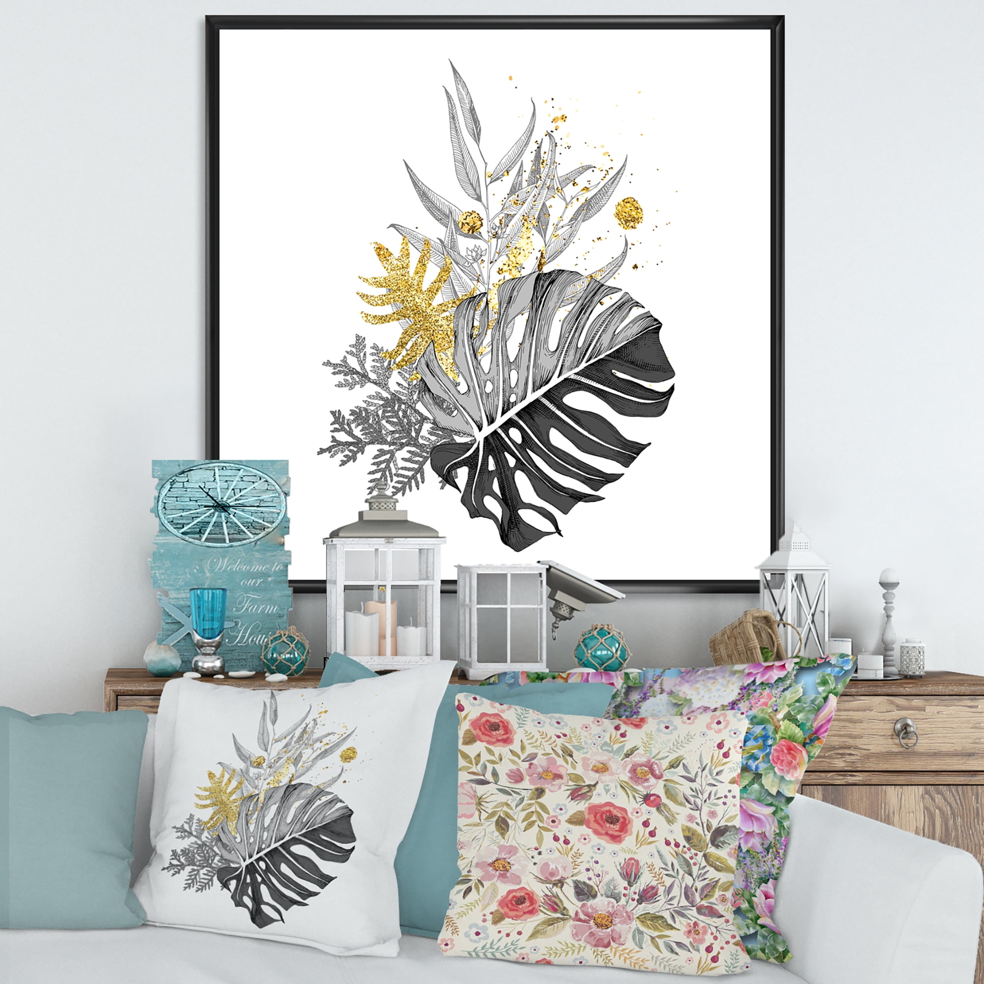 Designart 'Bouquet With Golden Tropical Leaves and Monochrome' Tropical Framed Canvas Wall Art Print