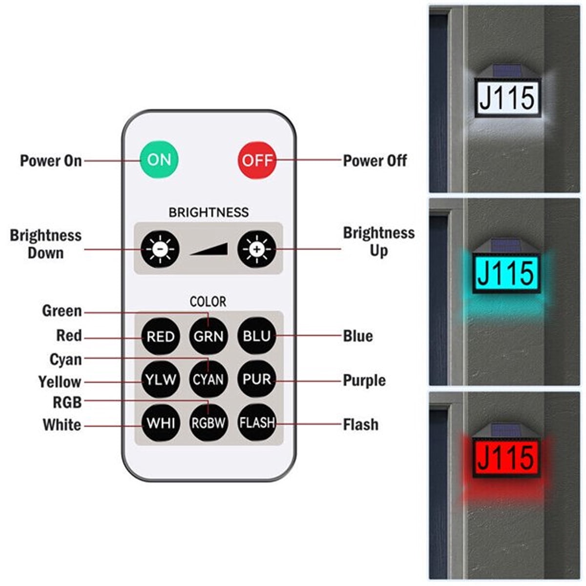 House Numbers Solar Powered Address Sign Light with Remote Control for Outside Home Street Garden Driveway Yard, LED Waterproof Illuminated Address Plaques 7 Color RGB Solar House Number Lamp