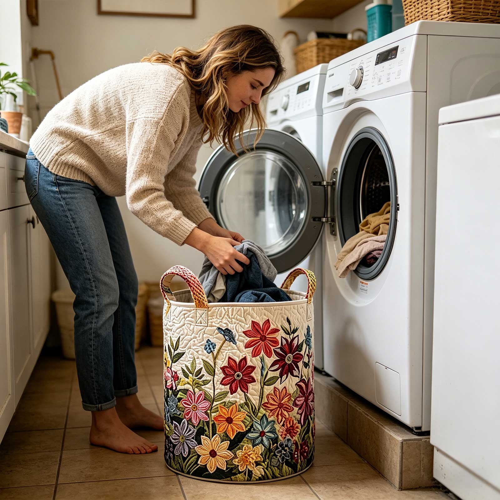 Quilted Dustproof Laundry Storage Basket, Boho Foldable Dirty Clothes Hamper, Portable Carry Handle Design, Multi-Purpose Home Organizer for Clothes Toys and Sundries, F-L