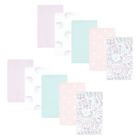 Hudson Baby Infant Girl Flannel Burp Cloth 10pk, Dreamy Unicorn, One Size
