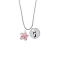 thumbnail image 2 of Delight Jewelry Silvertone Pink Plumeria Flower Silvertone Script Initial Disc - T - Charm Necklace, 20"+3", 2 of 4