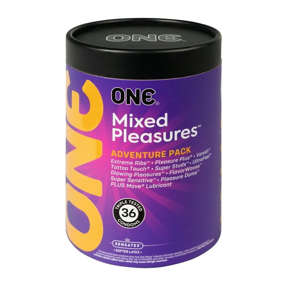 ONE Mixed Pleasures Condoms | 36 Pack | Condom Variety Pack | Thin Condoms, Ultra-Lubricnated Condoms, Studded Condoms, Textured Condoms, Glowing Condoms | Nontoxic, Non-GMO | Triple Tested