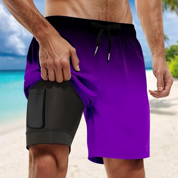 Mens Swim Trunks with Compression Liner Elastic Waist Comfortable Beach Shorts with Drawstring Summer Swimming Clothing Dark Purple Size S