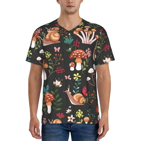 Hirioo Mushroom With Snails for Men s Baseball T-shirt Shirts Short Sleeve Casual Summer Button Stretch T Shirts Size S-4XL-Medium