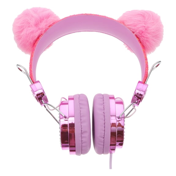 Casque Rose pour Enfants avec Strass Paillettes et Boule en Fourrure Oreilles pour Écouter de la Musique ABS PVC