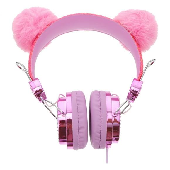 Pink Kids Over Ear Headphone with Rhinestone Glitter and Furry Ball Ears for Music Listening ABS PVC