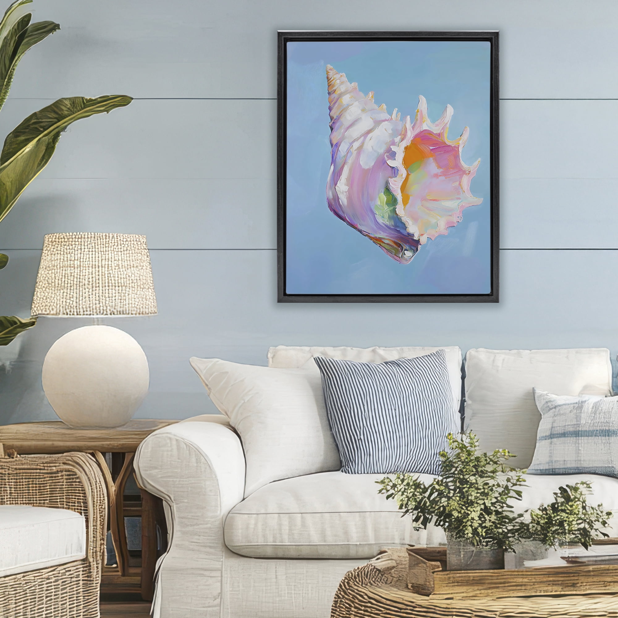 Stupell Industries Pastel Hued Conch on Blue Black Framed Floater Canvas Wall Art, design by The Prints Vibe