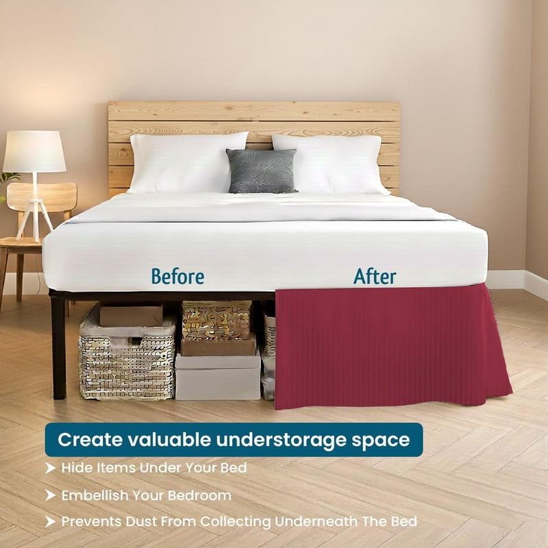 550-TC Egyptian Cotton Dust Ruffle/Bed Skirt King Size 1-Pieces Split Corner Tailored Bed Skirt 10" Inch Drop Length Burgundy Stripe