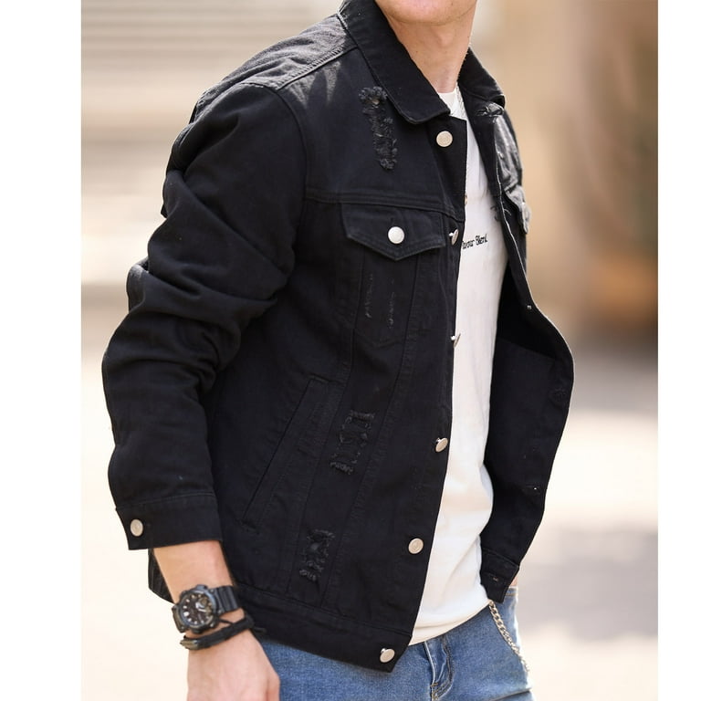 Biker Jacket Black Denim Ripped Jeans Jacket Men Boohoo ME