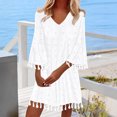 thumbnail image 1 of Ovzne Robes pour Femmes Robe pour Femme Mode Féminine Aguichant Col en V Manches 3/4 Robes à Franges Unies Robe de Vacances Liquidation, 1 of 6
