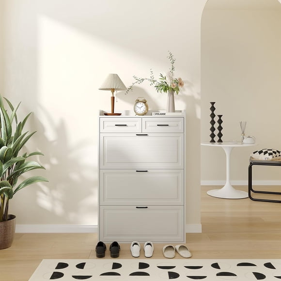 Bingirl Shoe Storage Cabinet with 3 Flip Drawers and 2 Drawers, Hidden Wood Shoe Cabinet for Entryway, Freestanding Shoes Organizer Cabinet, Narrow Shoe Rack