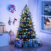 Multi-Color 4.5ft Prelit Artificial Christmas Tree with Controller, 810 Branch Tips, 300 Colorful Lights and Metal Stand, 39" wide Realistic Fir Christmas Tree with Colored Lights by Naomi Home