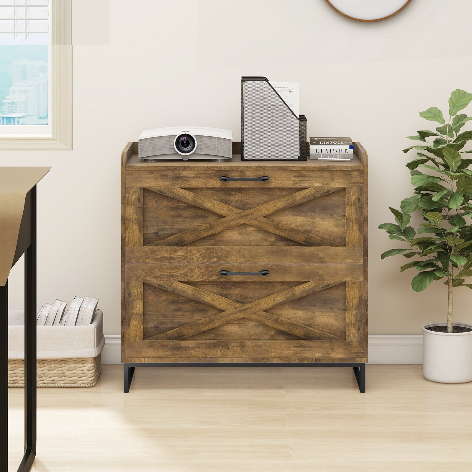 Lateral File Cabinet 2 Drawer File Cabinet with Charging Station for Legal/Letter/A4 Size Hanging Files, Large Wood File Storage Cabinets Printer Stand for Home Office Furniture, Rustic Brown
