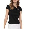 thumbnail image 4 of INSPIRE CHIC Women's Asymmetric Neck Tops Cap Sleeve Metal Buckle Irregular Neck Blouse S Black, 4 of 5