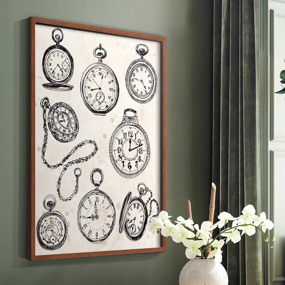 Pocket Watch Sketches II in Brown Solid Wood 11 x 14 Framed Print