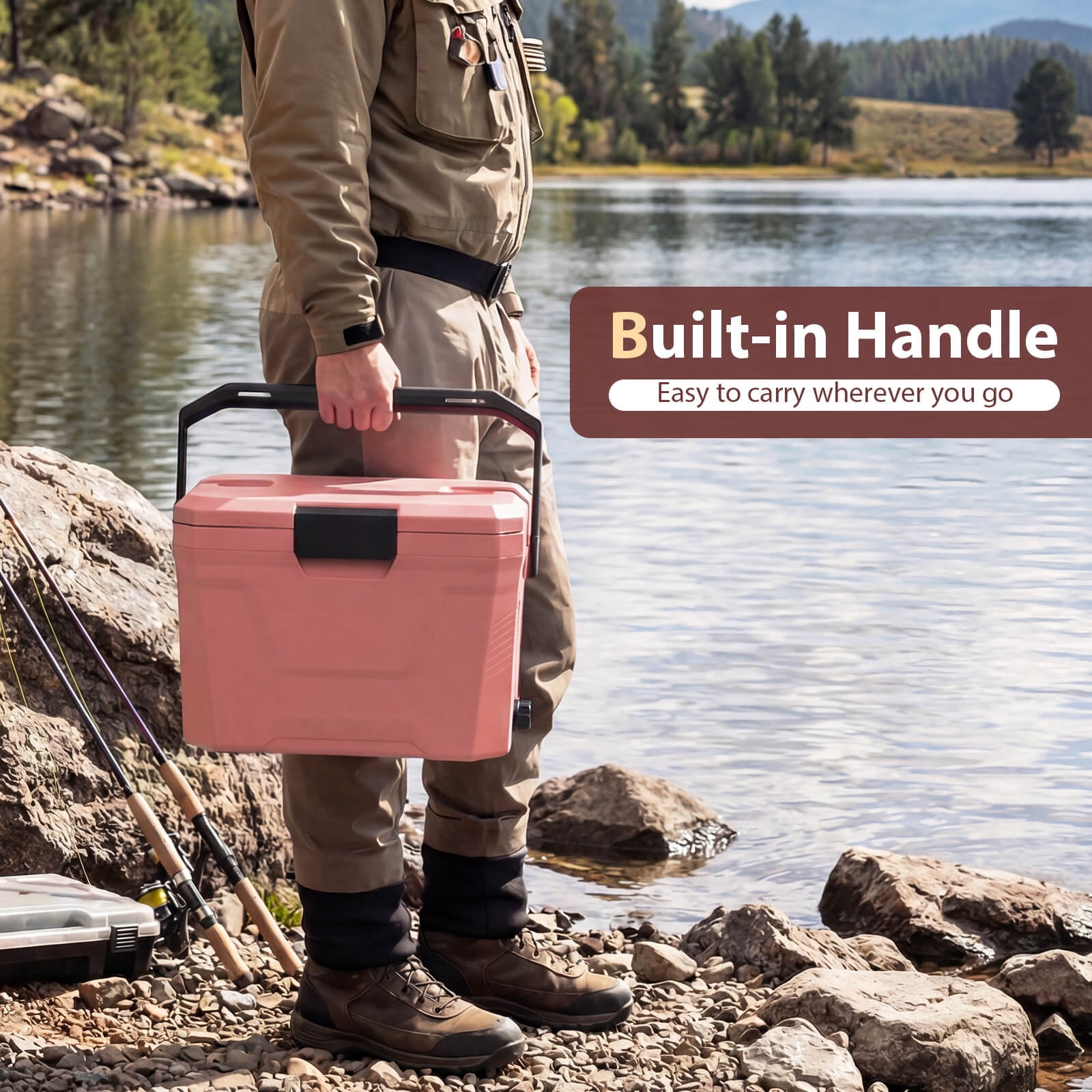 Costway 21 QT Insulated Portable Cooler, Hard Shell Ice Chest with 2 Cup Holders Pink