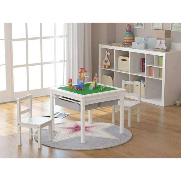 UTEX Wooden 2 In 1 Kids Construction Play Table and 2 Chairs Set with Storage Drawers and Built in Broad, White