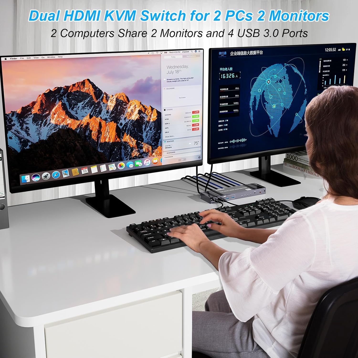 8K Dual HDMI KVM Switch 2 Monitors 2 Computers 8K@60Hz/4K@144Hz,Support 2 Computer Dual Monitors and 4 USB 3.0 Devices,Share Keyboard Mouse Printer with IR Controller