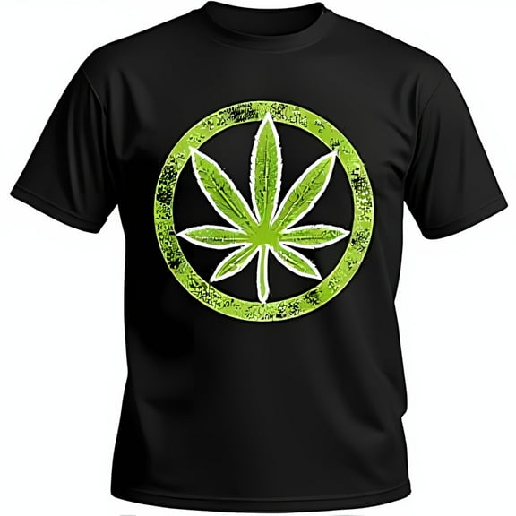 Men's Black T-Shirt with Green Leaf Design Short Sleeve