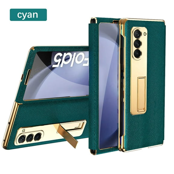Nalacover for Samsung Galaxy Z Fold 5 Metal Kickstand Case, Tempered Galss Protective Film Classic PU Leather Folding Cover for Galaxy Z Fold 5, Electroplated Frame Shockproof Anrti-Drop Case,Cyan