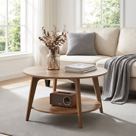 LEDREM Mid-Century Round Coffee Table, 2 Tiers Design, 66lb Capacity, Modern Minimalist Style, Quick Assembly, Ideal for Small Space & Apartment, Brown