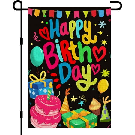 Happy Birthday Garden Flag Burlap Double Sided, Colorful Cake Toppers Personalized Banner Farmhouse Yard Sign Kids Birthday Party Outdoor Decorations DF574