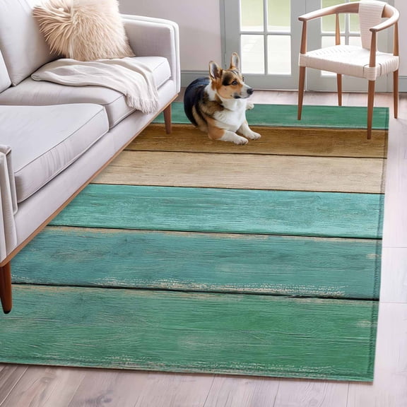 Teal Green Brown Area Rug 3x5 Washable Rug Non Slip Vintage Farmhouse Art Wooden Retro Large Area Rug Indoor Floor Carpet for Entryway Bedroom Kitchen Living Room Home Office Dining Room Nursery