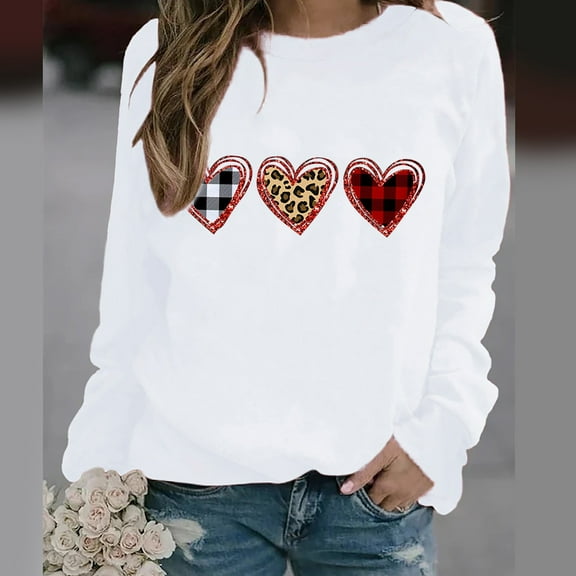 Homenesgenics Womens Tops Long Sleeve Fall Clothes Women's Casual Valentine's Day Heart Print Round Neck Casual Sweatshirt White S