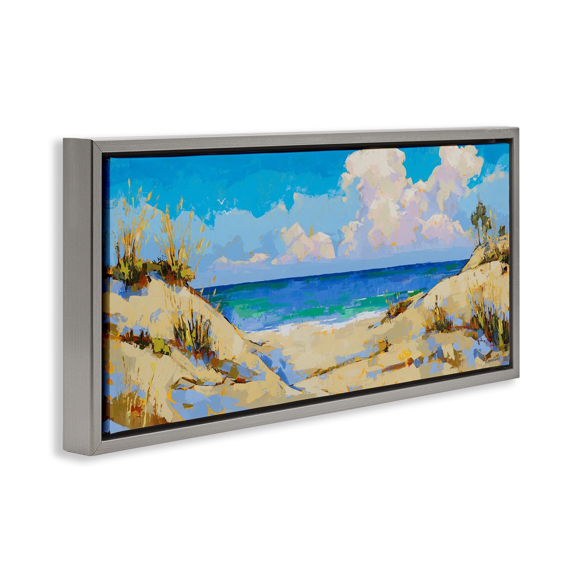 Stupell Industries Cloudy Beach Painting Landscape Painting Gray Floater Framed Canvas Art Print Wall Art, 31 x 14
