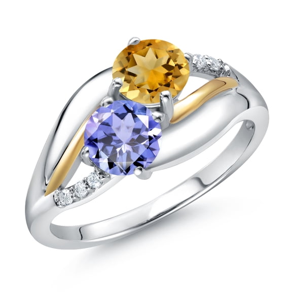 Gem Stone King 925 Sterling Silver and 10K Yellow Gold Blue Tanzanite Yellow Citrine and Lab Grown Diamond 2 Stone Engagement Ring for Women (1.23 Cttw, Round, December Birthstone, Size 6)
